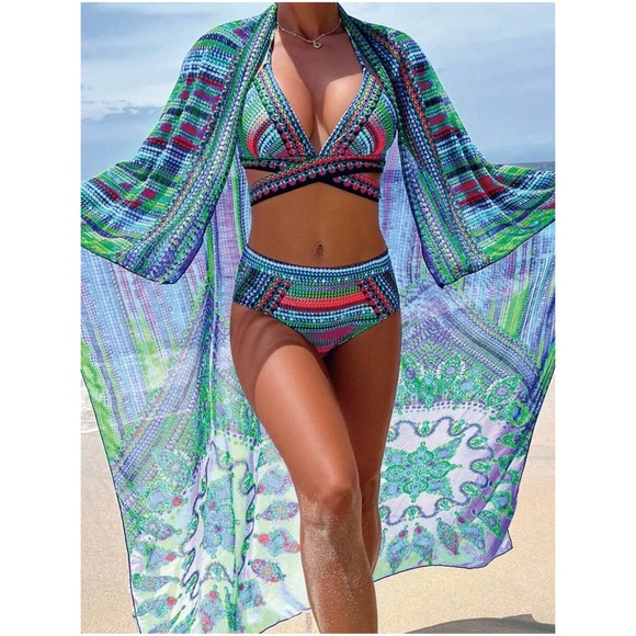 Boho Print Cut out Halter High Waisted Bikini Cover up - Picture 10 of 11
